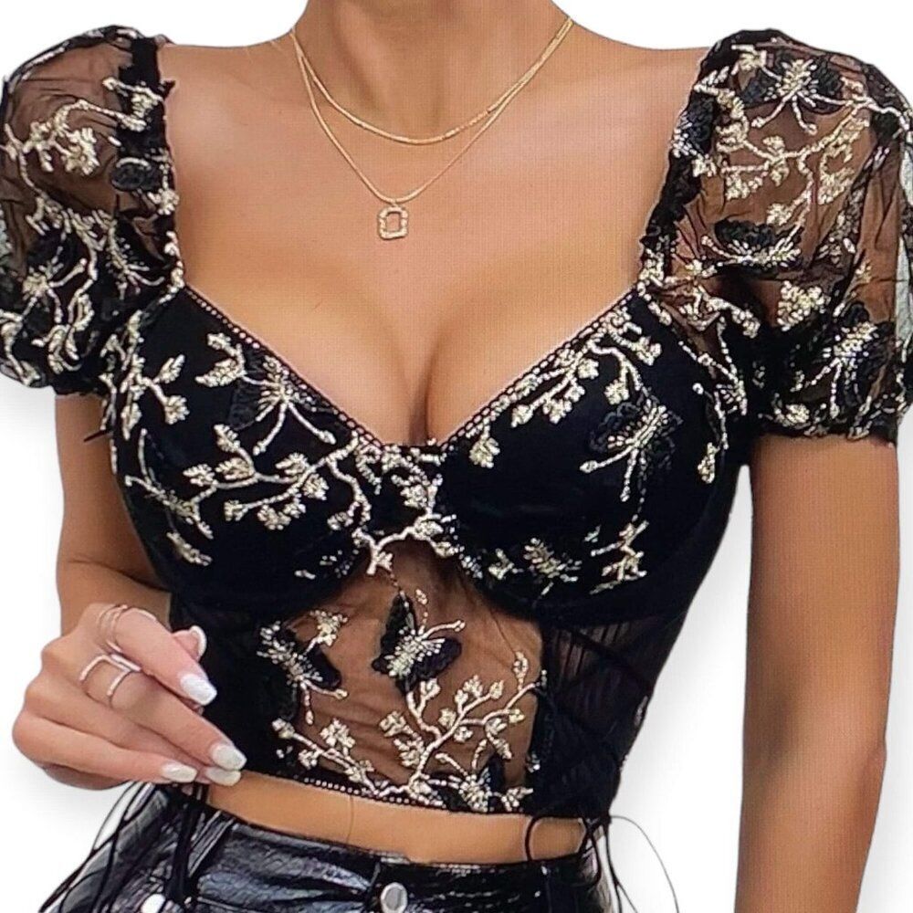 Black Floral Lace Sheer Bustier Corset Top NWT - Picture 4 of 4